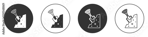 Black Shovel and stone icon isolated on white background. Gardening tool. Tool for horticulture, agriculture, farming. Circle button. Vector