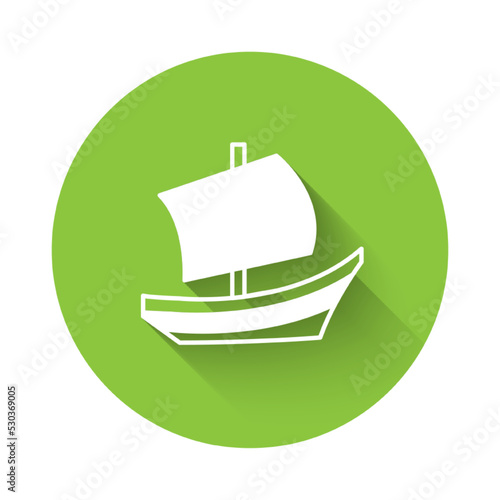 White Egyptian ship icon isolated with long shadow background. Egyptian papyrus boat. Green circle button. Vector
