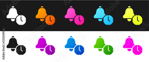 Set Alarm clock icon isolated on black and white background. Wake up, get up concept. Time sign. Vector