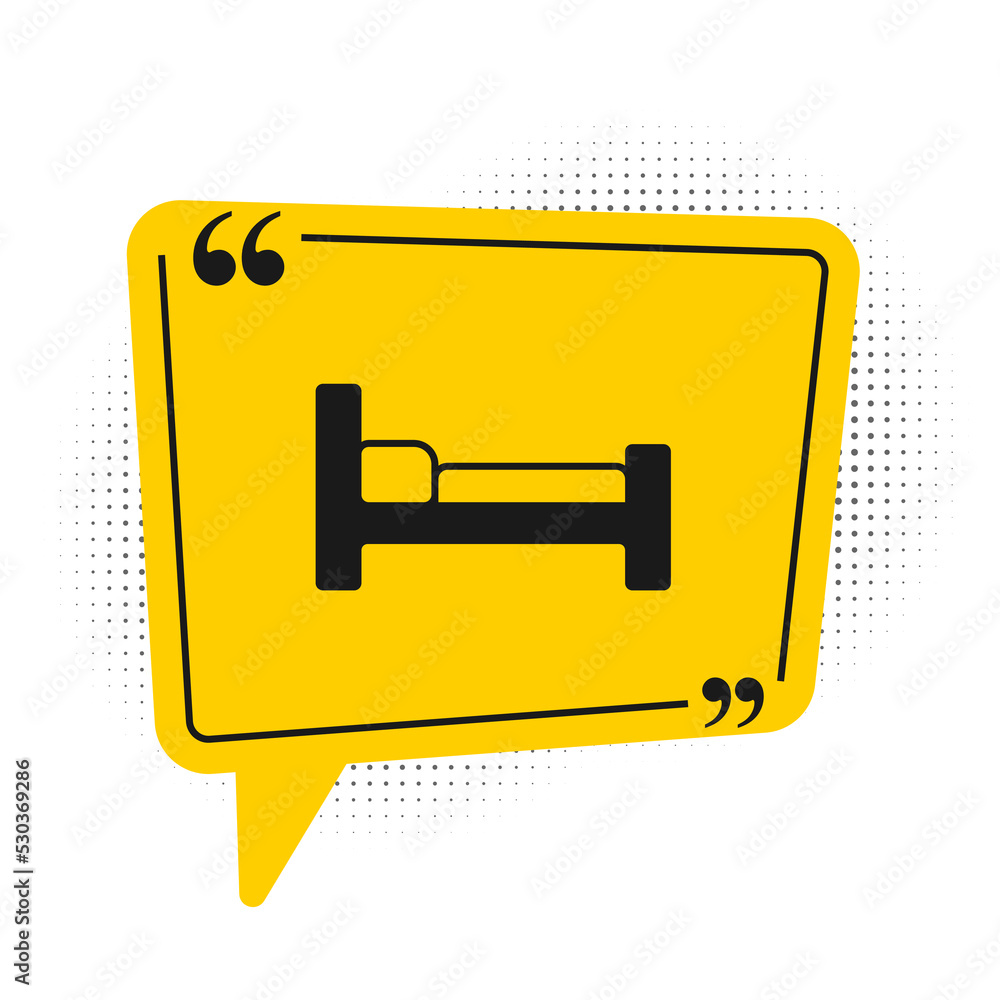 Black Bed icon isolated on white background. Yellow speech bubble symbol. Vector Black Bed icon isolated on white background. Yellow speech bubble symbol. Vector
