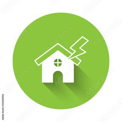 White House and lightning icon isolated with long shadow background. House with thunderbolt for house or property insurance symbol. Green circle button. Vector
