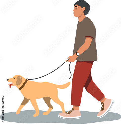 Professional dog walking. A man walks with a pet.
 Vector illustration isolated on white background
