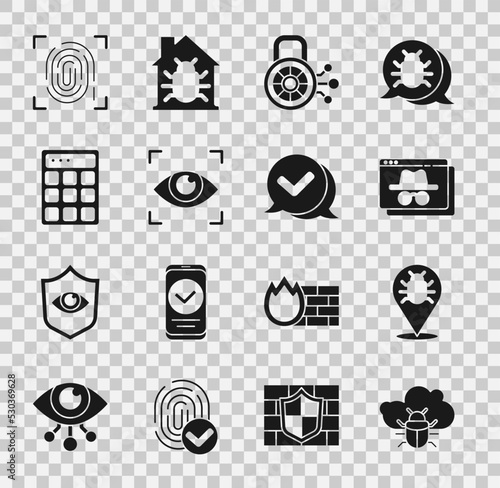 Set System bug on a cloud, Browser incognito window, Cyber security, Eye scan, Password protection, Fingerprint and Check mark speech bubble icon. Vector