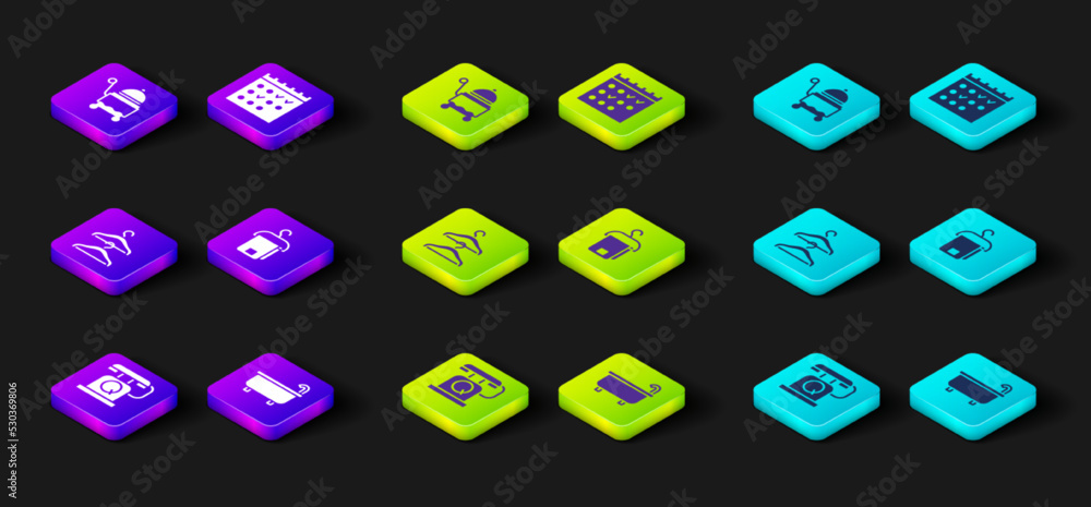 Set Telephone handset, Bathtub, Hanger wardrobe, Towel hanger, Hotel booking calendar and Covered with tray icon. Vector Set Telephone handset, Bathtub, Hanger wardrobe, Towel hanger, Hotel booking calendar and Covered with tray icon. Vector