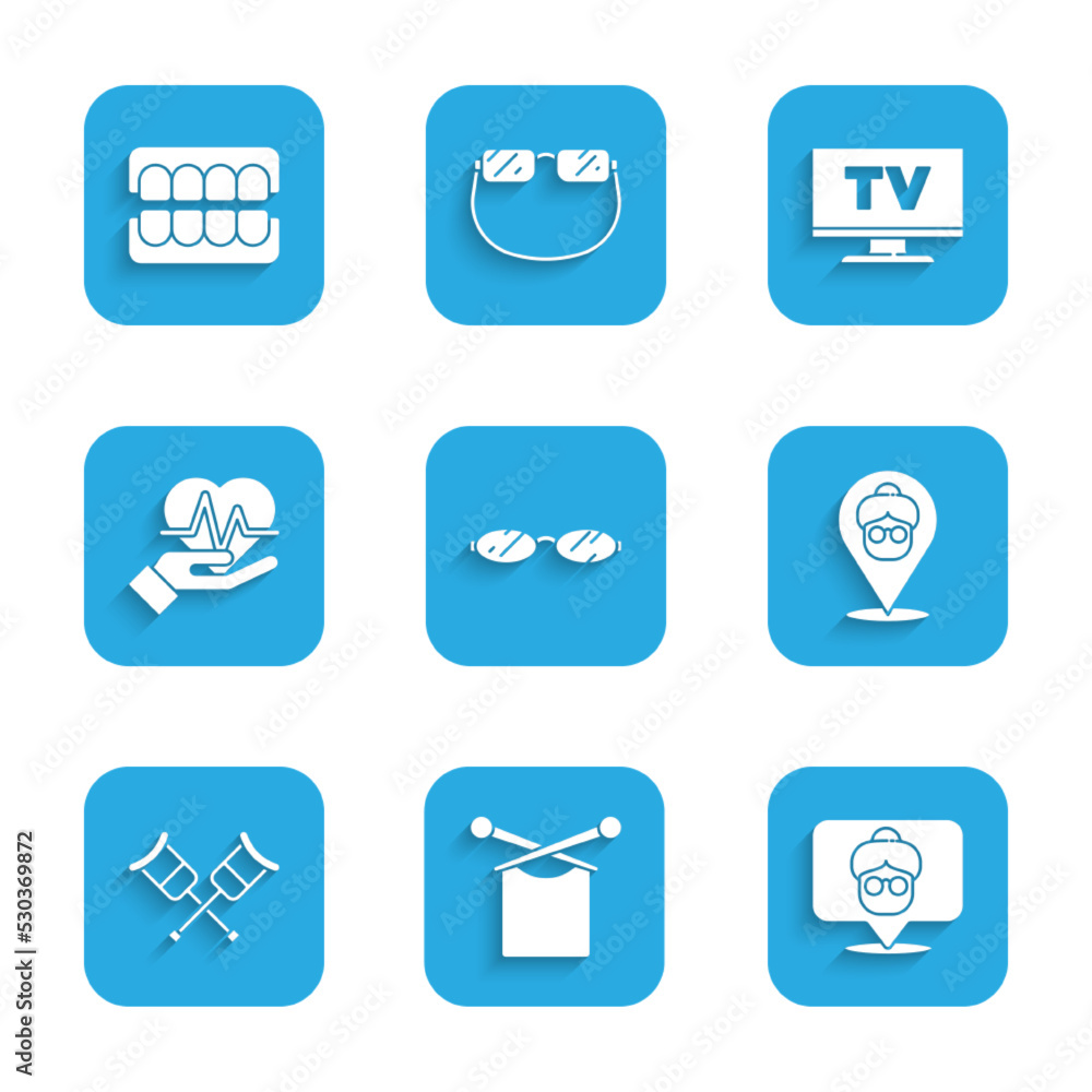 Set Eyeglasses, Knitting, Nursing home, Crutch or crutches, Heart rate, Smart Tv and False jaw icon. Vector