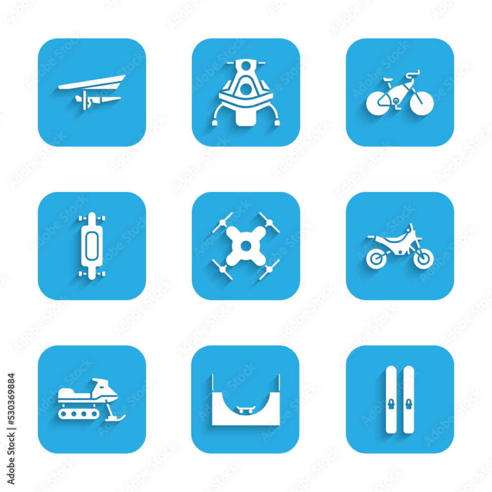 Set Drone flying, Skate park, Ski and sticks, Mountain bike, Snowmobile,  Longboard or skateboard, Bicycle and Hang glider icon. Vector Stock Vector  | Adobe Stock