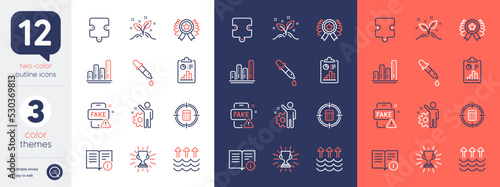 Set of Technical info, Startup concept and Evaporation line icons. Include Winner ribbon, Trophy, Chemistry pipette icons. Puzzle, Graph chart, Calculator target web elements. Fake news. Vector