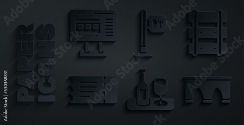 Set Wine bottle with glass, Railway, railroad track, Train ticket, Bridge for train, Cafe and restaurant location and Ticket office to buy tickets icon. Vector