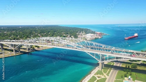 Aerial hyperlapse of the Blue Water Bridge bordering Sarnia and Port Huron 4K photo