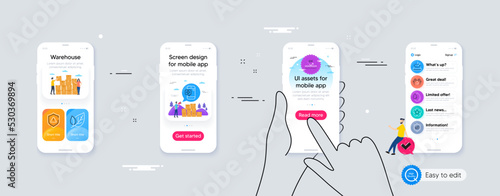 Outline set of Medical phone, Medical tablet and Leaf line icons for web application. Phone ui interface. Include Uv protection, Mattress, Natural linen icons. Vector
