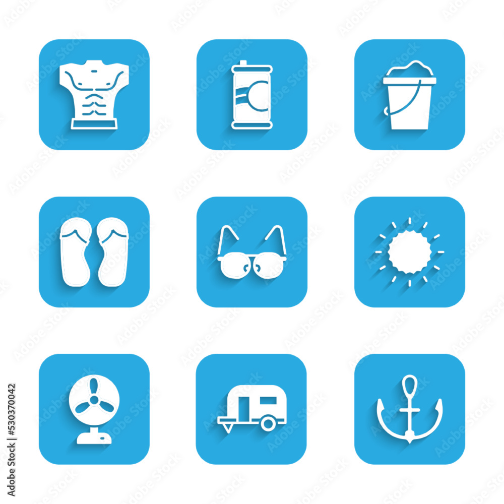 Set Glasses, Rv Camping trailer, Anchor, Sun, Electric fan, Flip flops, Sand bucket and Bodybuilder muscle icon. Vector Set Glasses, Rv Camping trailer, Anchor, Sun, Electric fan, Flip flops, Sand bucket and Bodybuilder muscle icon. Vector