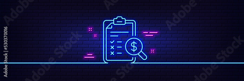 Neon light glow effect. Accounting report line icon. Audit sign. Check finance symbol. 3d line neon glow icon. Brick wall banner. Accounting report outline. Vector