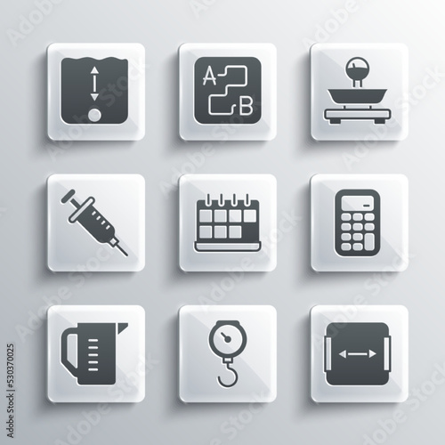 Set Hand scale spring mechanical, Area measurement, Calculator, Calendar, Measuring cup, Syringe, Depth and Scales icon. Vector
