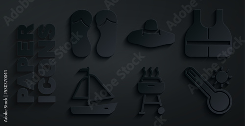 Set Barbecue grill, Life jacket, Yacht sailboat, Meteorology thermometer, Elegant women hat and Flip flops icon. Vector