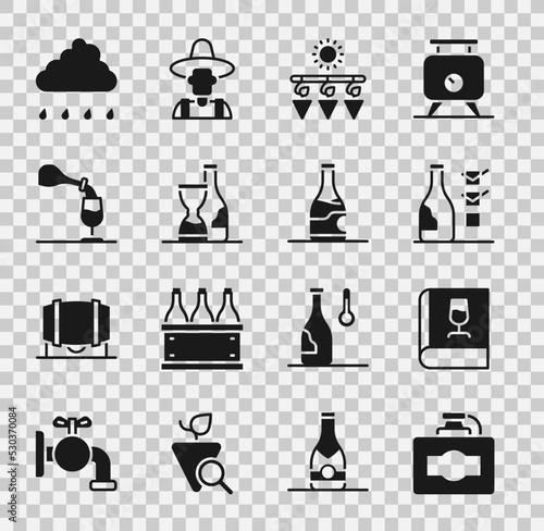 Set Cardboard box of wine, Book about, Bottle, Drying grapes, Wine tasting, degustation, Cloud with rain and icon. Vector