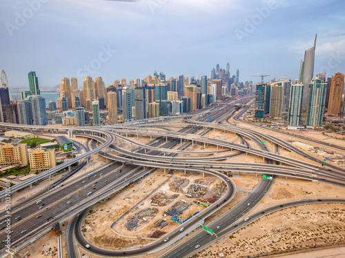 Aerial view Dubai skyscrapers Sheikh Zayed Road Interchange