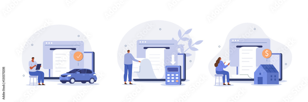 Financial management illustration set. Characters paying credit, mortgage, taxes and  household invoice bills. Personal finances, loans and debt concept. Vector illustration. - obrazy, fototapety, plakaty 