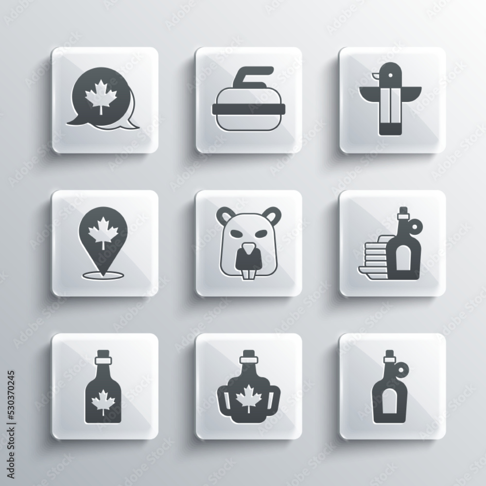 Set Bottle of maple syrup, Syrup with pancakes, Beaver animal, Canadian leaf, and totem pole icon. Vector Set Bottle of maple syrup, Syrup with pancakes, Beaver animal, Canadian leaf, and totem pole icon. Vector