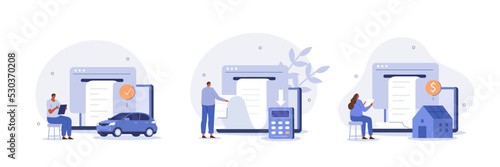 Financial management illustration set. Characters paying credit, mortgage, taxes and  household invoice bills. Personal finances, loans and debt concept. Vector illustration.
