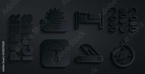 Set Swiss army knife, Grilled shish kebab on skewer, Mushroom, Compass, Bed and Sunrise icon. Vector