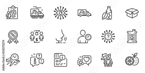 Outline set of Question mark, Flight time and Buying process line icons for web application. Talk, information, delivery truck outline icon. Vector