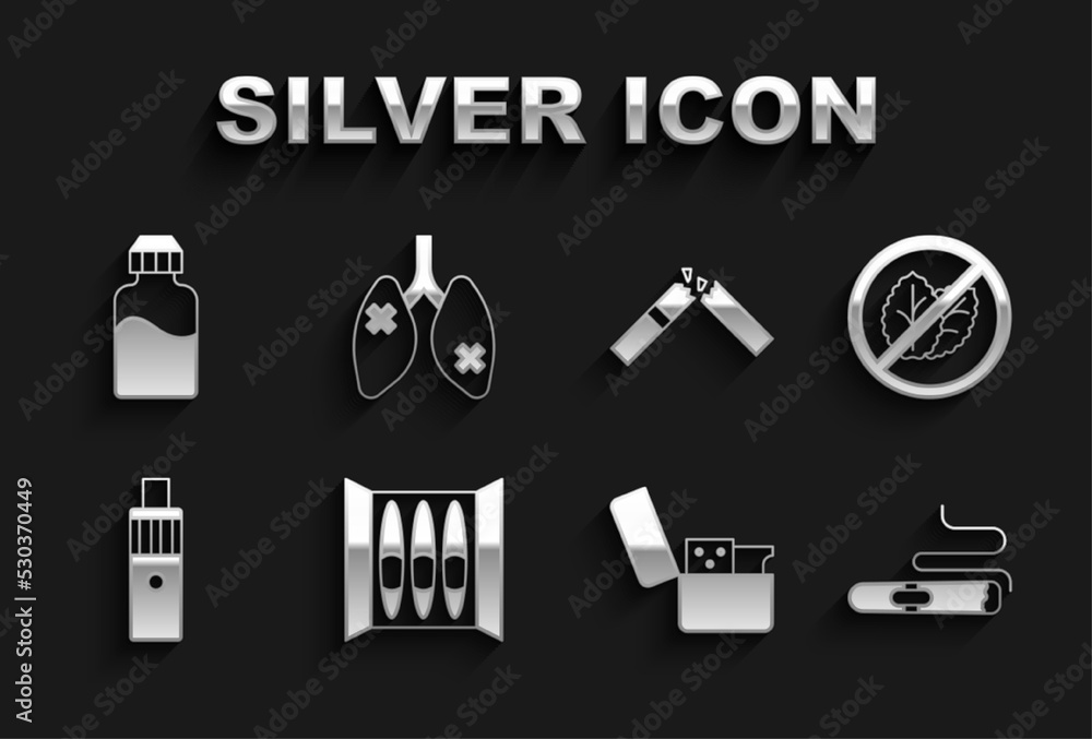 Set Cigar, No tobacco leaf, Lighter, Vape mod device, Broken cigarette, liquid bottle and Disease lungs icon. Vector Set Cigar, No tobacco leaf, Lighter, Vape mod device, Broken cigarette, liquid bottle and Disease lungs icon. Vector