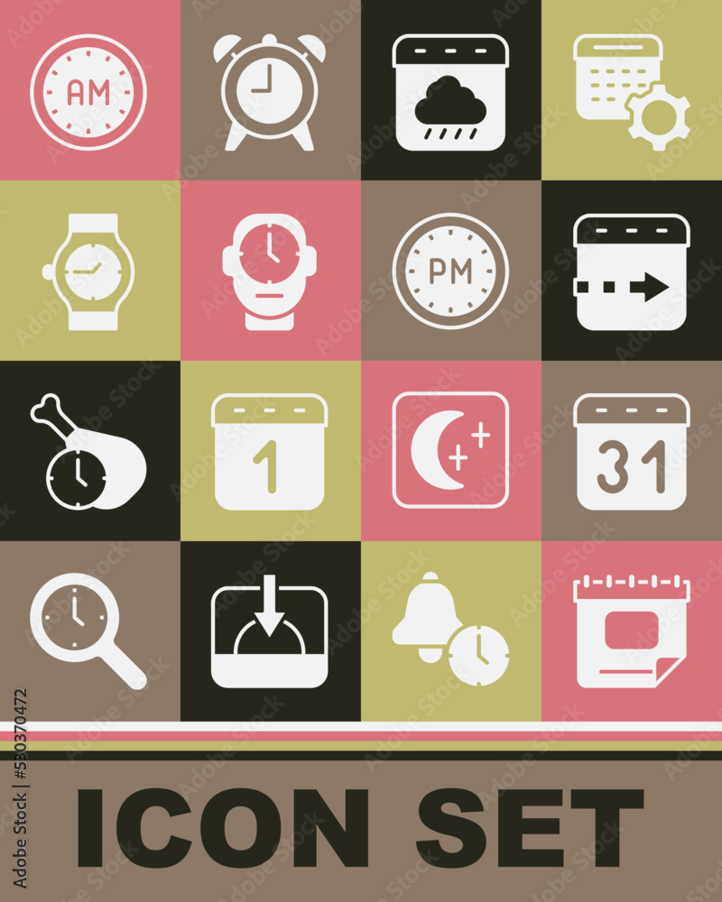 Set Calendar, Time flies on the clock, autumn, Clock, Wrist watch, Morning time and Day icon. Vector