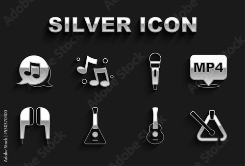Set Balalaika  MP4 file document  Triangle musical instrument  Guitar  Air headphones  Microphone  Music note  tone and icon. Vector