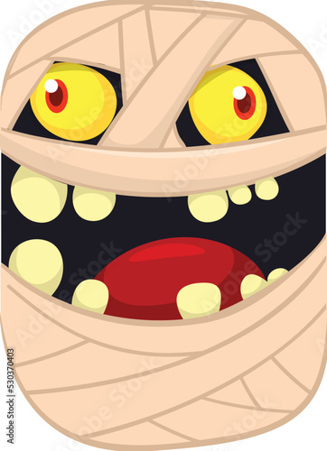  Scary cartoon monster mummy face vector. Cute square avatar or icon. Halloween illustration. Great for party decoration