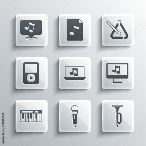 Set Microphone, Trumpet, Computer with music note, Laptop, Music synthesizer, player, tone and Triangle musical instrument icon. Vector