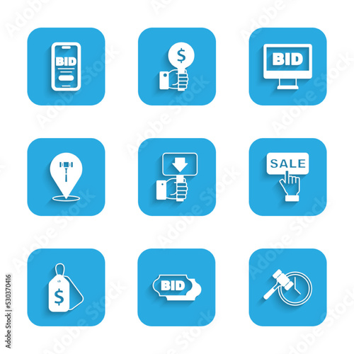 Set Hand holding auction paddle, Bid, Auction hammer, Price tag with Sale, Online and icon. Vector