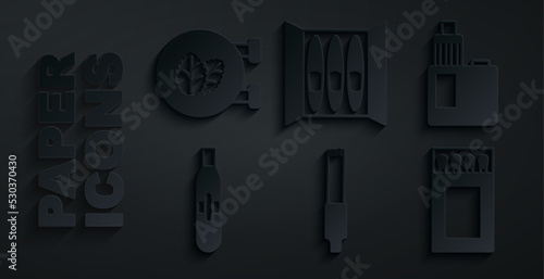 Set Cigarette, Vape mod device, Electronic cigarette, Matchbox and matches, and Tobacco leaf shop icon. Vector