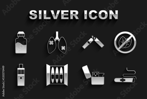 Set Cigar, No tobacco leaf, Lighter, Vape mod device, Broken cigarette, liquid bottle and Disease lungs icon. Vector