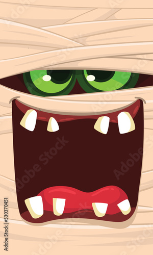  Scary cartoon monster mummy face vector. Cute square avatar or icon. Halloween illustration. Great for party decoration photo
