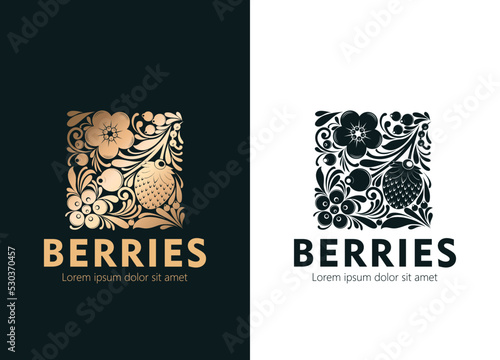 Berries and flowers, a monochrome emblem, a logo in a square shape. Vector illustration