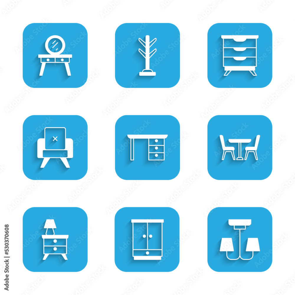 Set Office desk, Wardrobe, Chandelier, Table with chair, Nightstand lamp, Armchair, Furniture nightstand and Dressing table icon. Vector Set Office desk, Wardrobe, Chandelier, Table with chair, Nightstand lamp, Armchair, Furniture nightstand and Dressing table icon. Vector