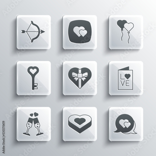 Set Candy in heart shaped box, Heart speech bubble, Valentines day party flyer, Glass of champagne, Key, Bow arrow and Balloons form icon. Vector