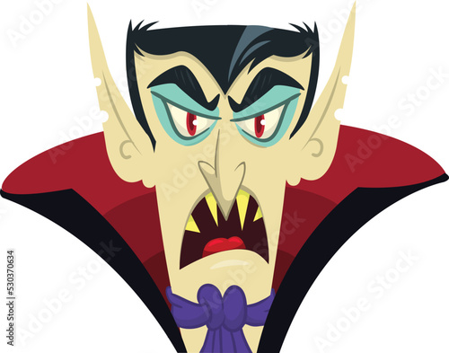 Happy Halloween. Count Dracula face avatar. Cute cartoon vampire character with big open mouth, tongue, fangs.