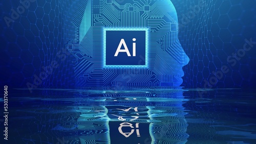 Ai woman face with circuit reflection in water. Artificial intelligence chatbot. Big Data and Data Science.