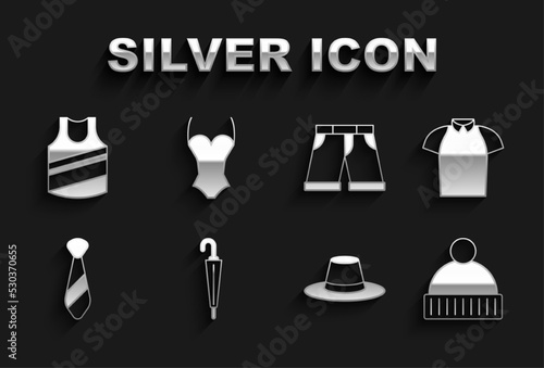 Set Umbrella, Polo shirt, Beanie hat, Man, Tie, Short or pants, Undershirt and Swimsuit icon. Vector