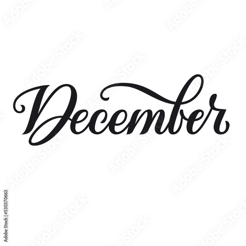 Handwriting Vector Calligraphic Letter. Lettering winter month typography. December. Ink illustration vintage brush. Word for calendar, bullet journal, monthly organizer. Isolated on white background