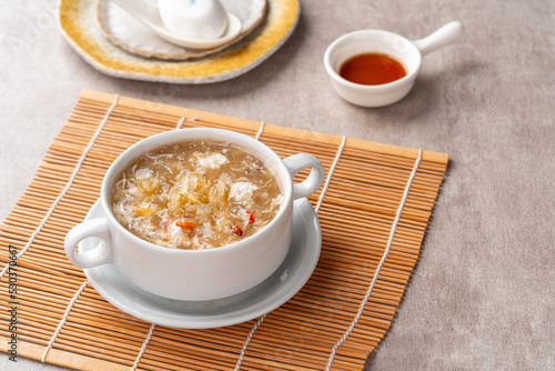 Shark fin soup  Indonesia   Soup Sirip Ikan Hiu  is a popular soup in Chinese cuisine which is usually served on special occasions such as weddings or banquets.