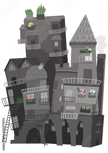 Case grigie con fiori alle finestre, smog cittadino, metropoli, case una attaccate all’altra, scala di grigi photo