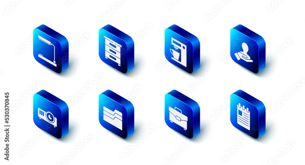 Set Drawer with documents, Coffee machine, Hand for search people, Spiral notebook, Briefcase, Document folder, Movie, film, media projector and Table lamp icon. Vector Set Drawer with documents, Coffee machine, Hand for search people, Spiral notebook, Briefcase, Document folder, Movie, film, media projector and Table lamp icon. Vector