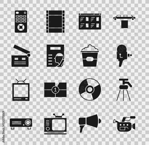 Set Cinema camera, Tripod, Retro cinema, Online play video, poster, Movie clapper, Remote control and Popcorn box icon. Vector