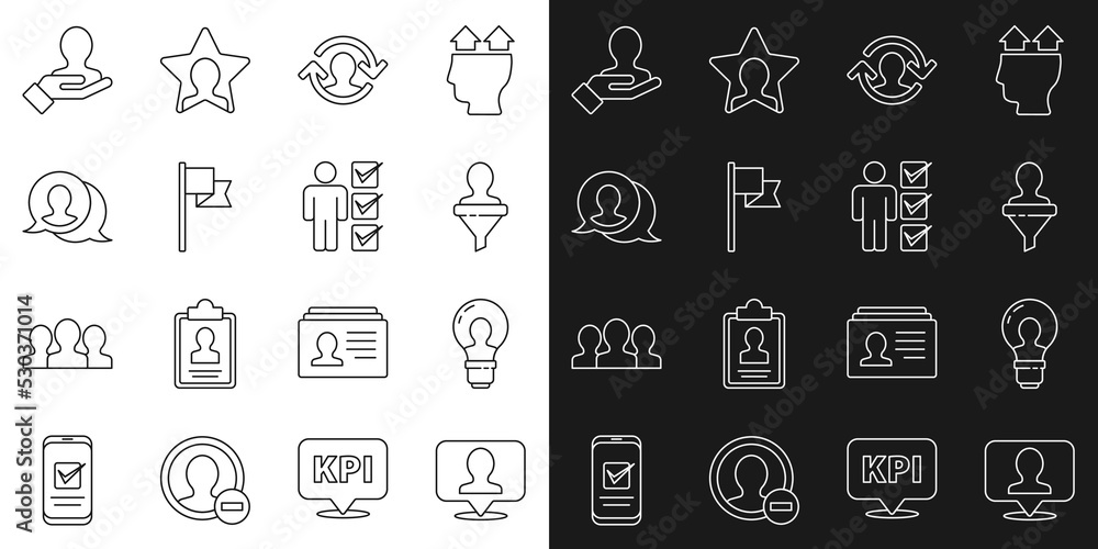 Set line Location with person, Head lamp bulb, hunting, Human resources, marker, Speech bubble chat, Hand for search people and User of business suit icon. Vector