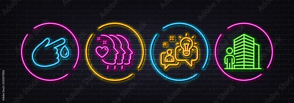 Blood donation, Friends couple and Idea minimal line icons. Neon laser 3d lights. Agent icons. For web, application, printing. Injury, Friendship, Solution. Real estate. Neon lights buttons. Vector