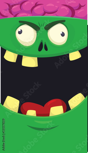 Cartoon funny green zombie character design with scary face expression. Halloween vector illustration isolated on white. Party poster, package design