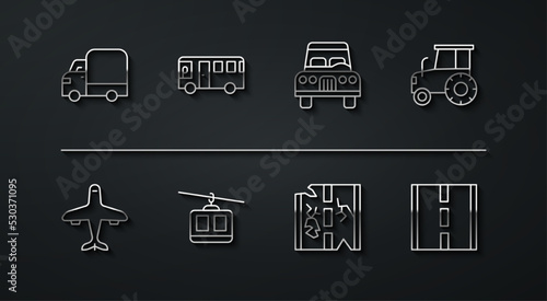 Set line Delivery cargo truck, Plane, Tractor, Broken road, Cable, Bus, Road and Car icon. Vector
