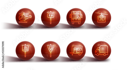 Set line Helicopter, Parking, Cable car, Rv Camping trailer, Road traffic signpost, Delivery cargo truck and Bus icon. Vector